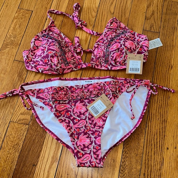 Boden Other - NWT Boden Beaded embellished bikini 2 piece set raspberry botanic vine pink